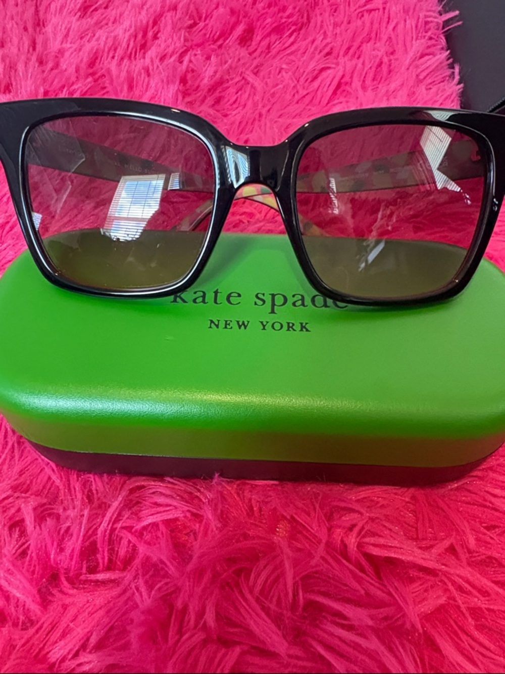kate spade Glossy Black Square Sunglasses with Gradient Pink Smoke Lenses - Picture 10 of 11